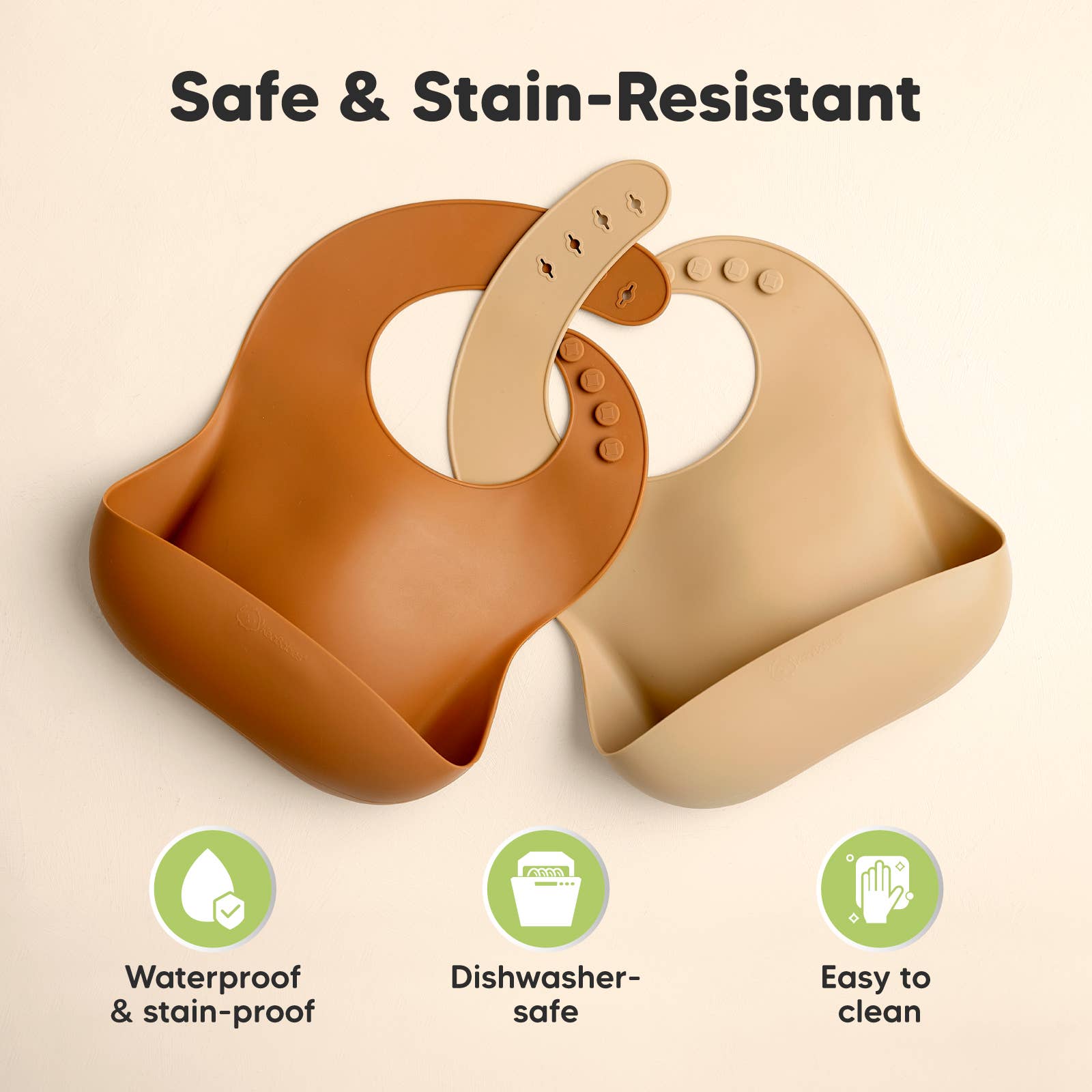 KeaBabies Silicone Bibs 2-Pack in tan and brown for babies, dishwasher-safe, waterproof, easy to clean, BPA-free, lightweight.