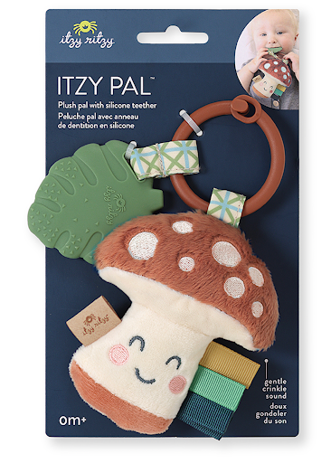 Itzy Pal™ Plush Mushroom with Silicone Teether for infants, featuring crinkle sounds and colorful ribbons, age 0m+