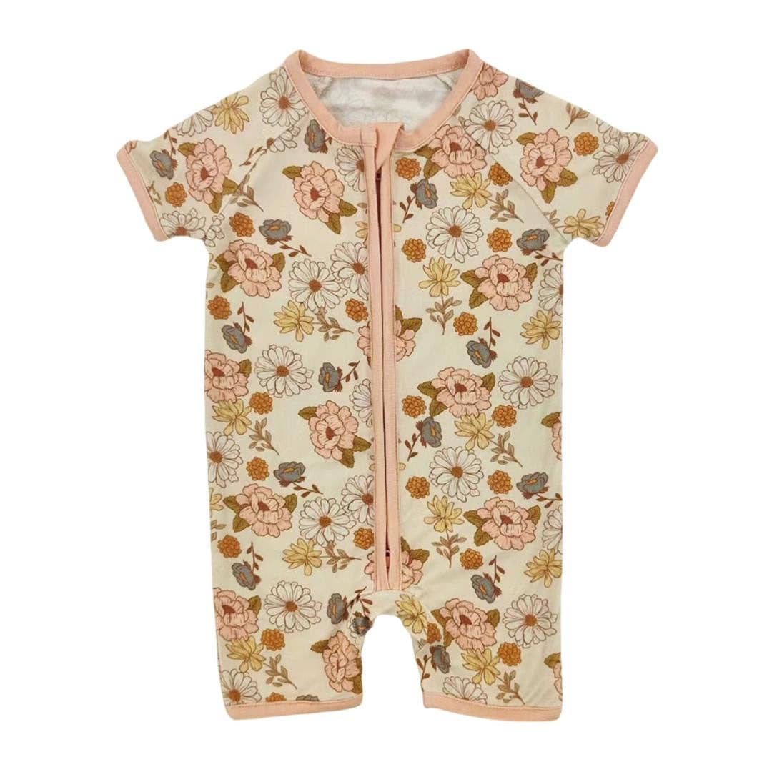 Little One Shop 2T Cozy Floral Bamboo Short Romper with soft flower pattern, perfect for toddlers' comfort and summer style.