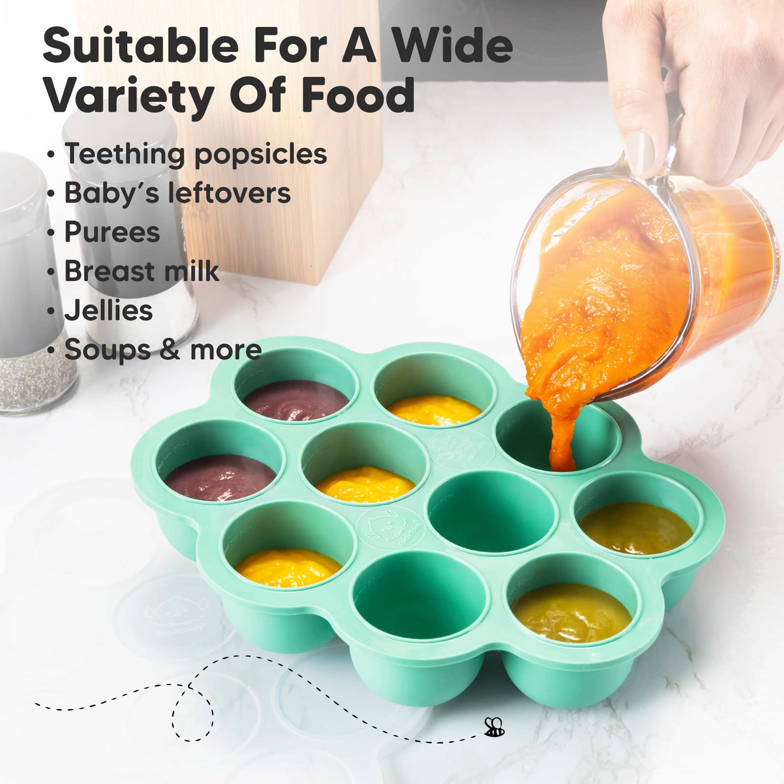 KeaBabies silicone baby food freezer tray pouring pureed food into 10 pods for meal prep, BPA-free and eco-friendly.