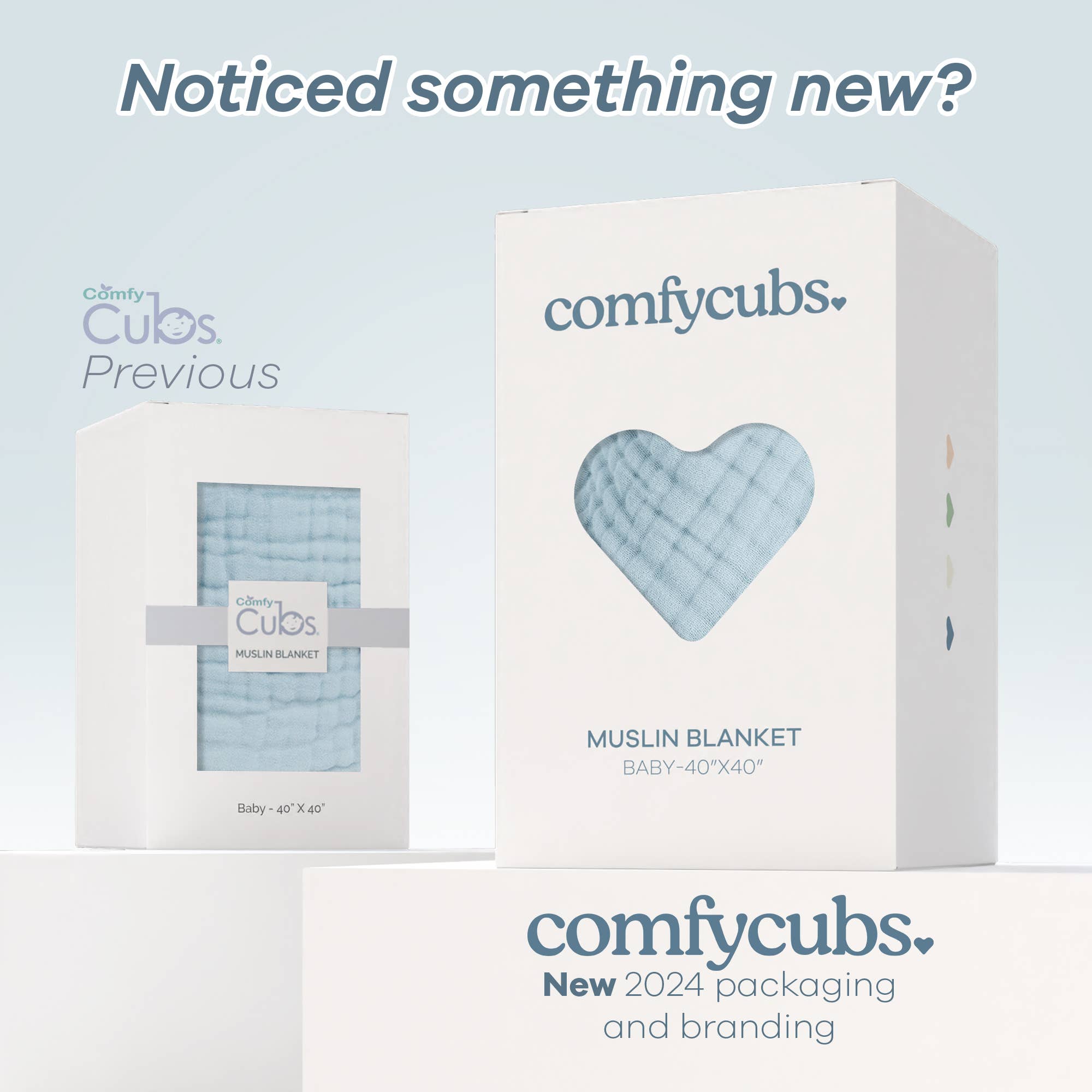 Comfy Cubs Muslin Baby Blanket showcasing new 2024 packaging and branding side by side with previous design.