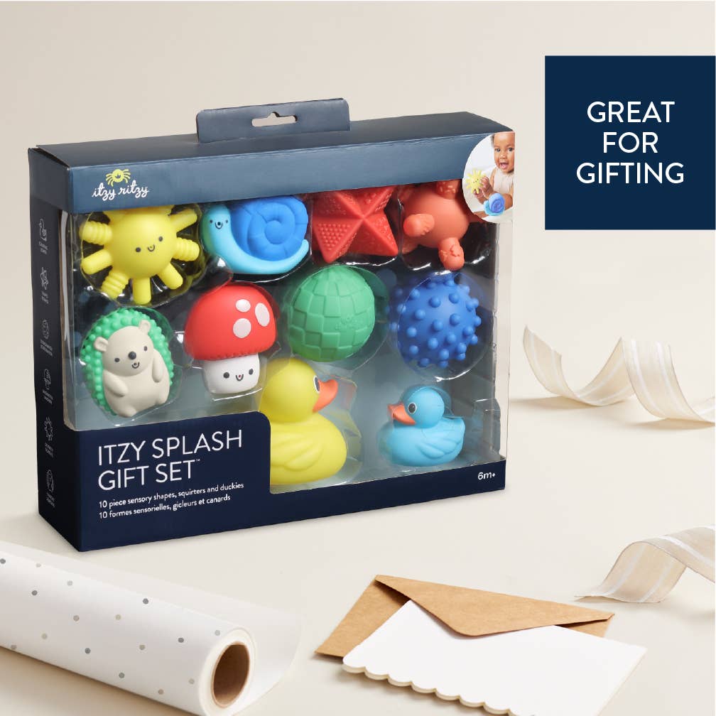 Itzy Splash Gift Set™ with colorful bath toys for fun; perfect for gifting, encourages motor skills during bath time.