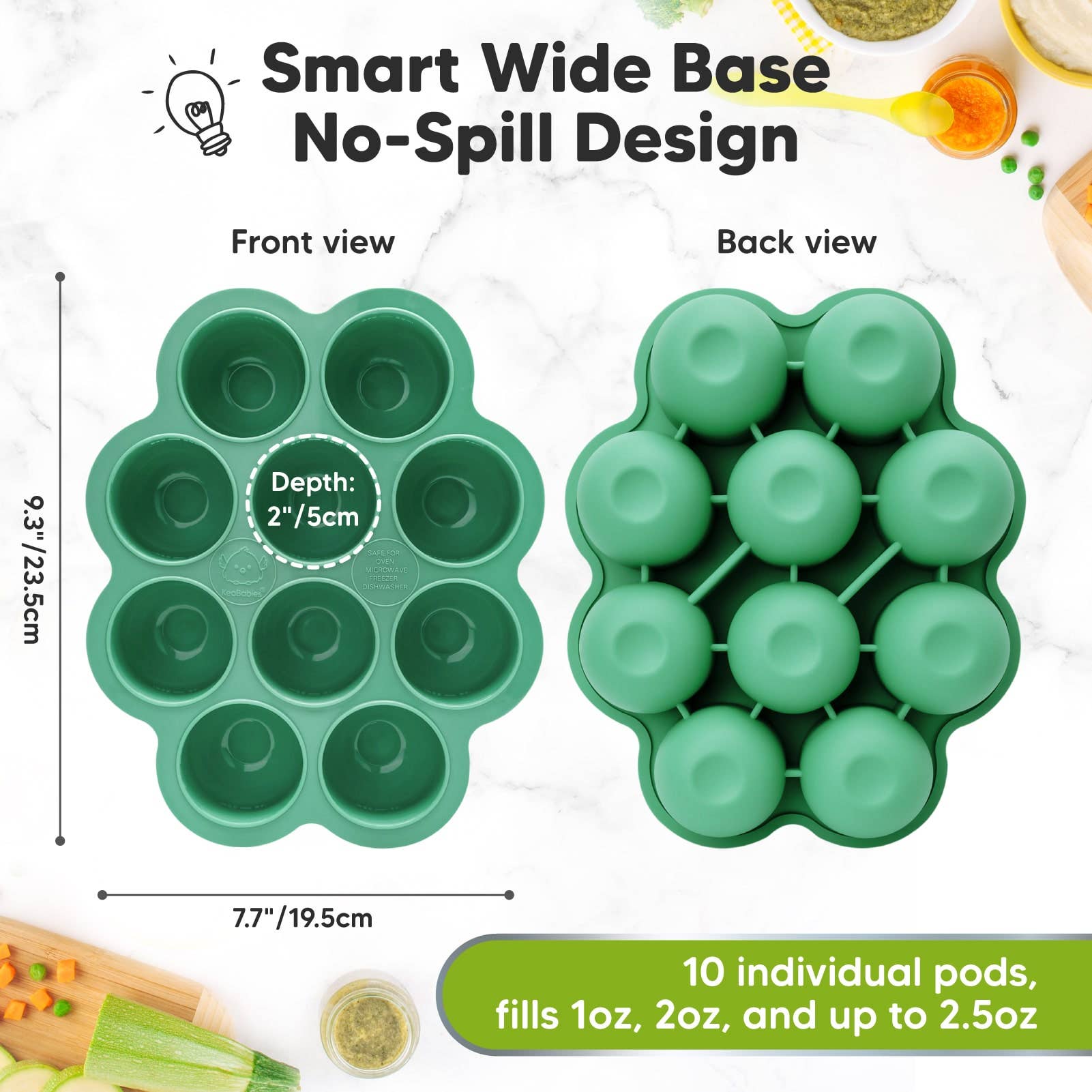 Smart wide base no-spill design of KeaBabies Silicone Baby Food Freezer Tray with 10 individual pods for convenient meal prep.