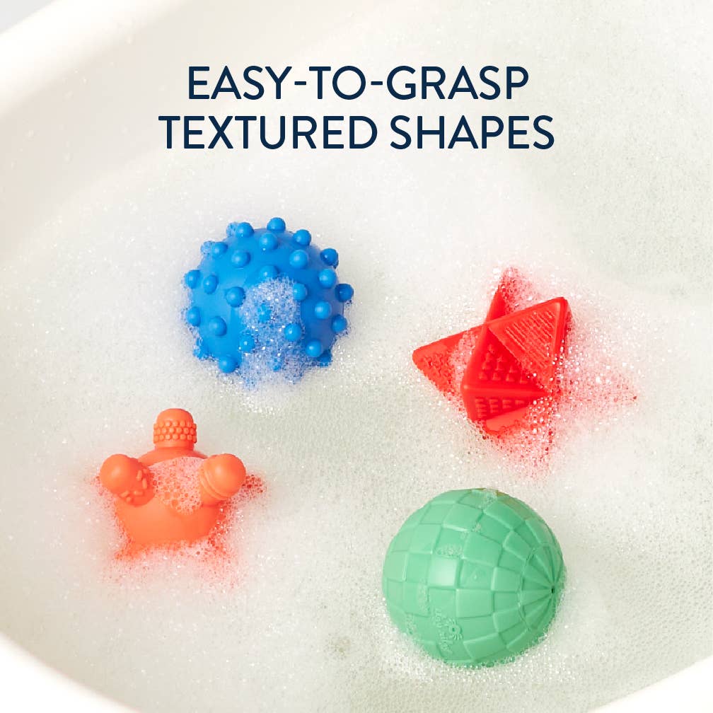 Colorful, easy-to-grasp textured shapes in bubbly water, perfect for fun bath time adventures!