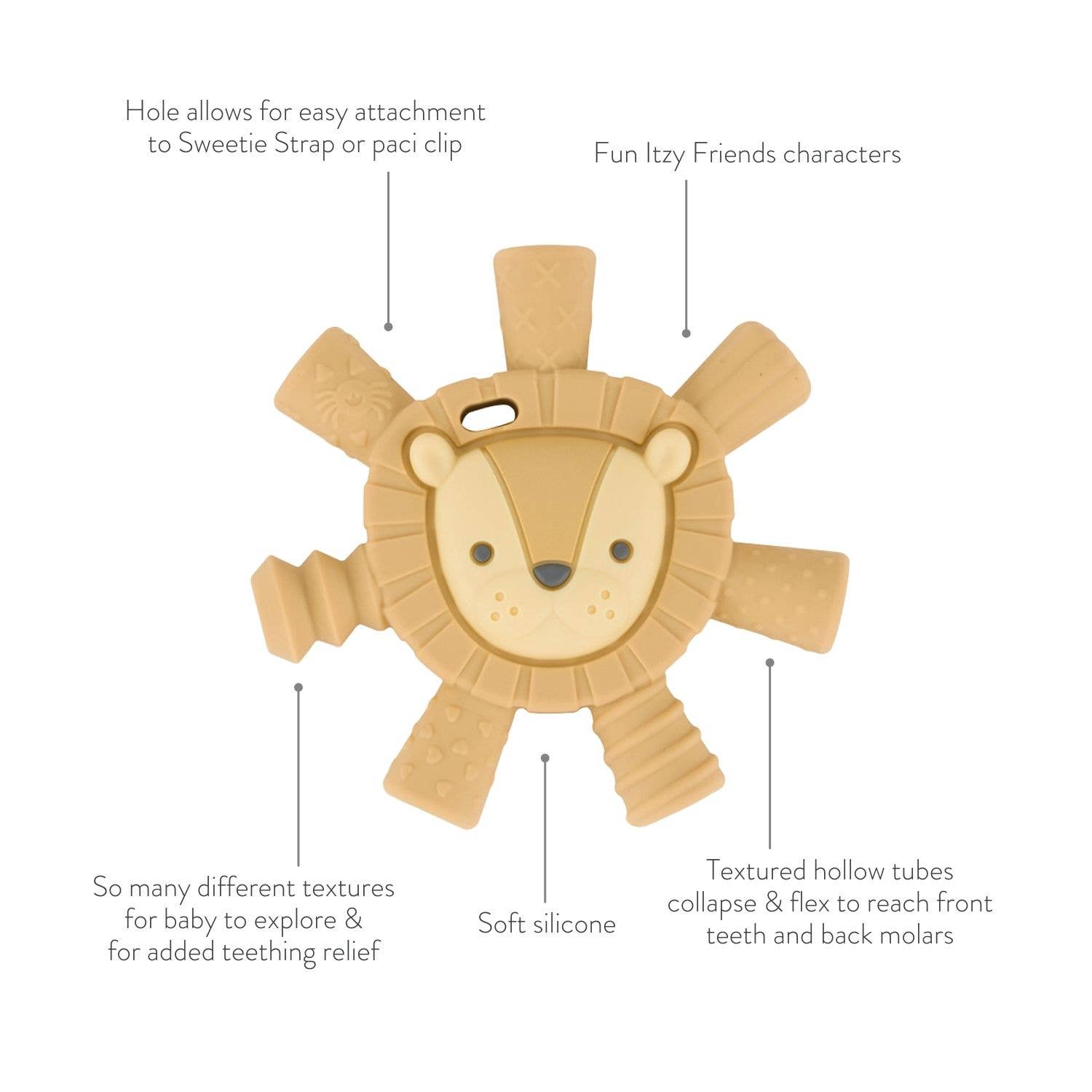 Itzy Ritzy Lion Teether with soft silicone and textured tubes for baby teething relief, featuring easy attachment hole.