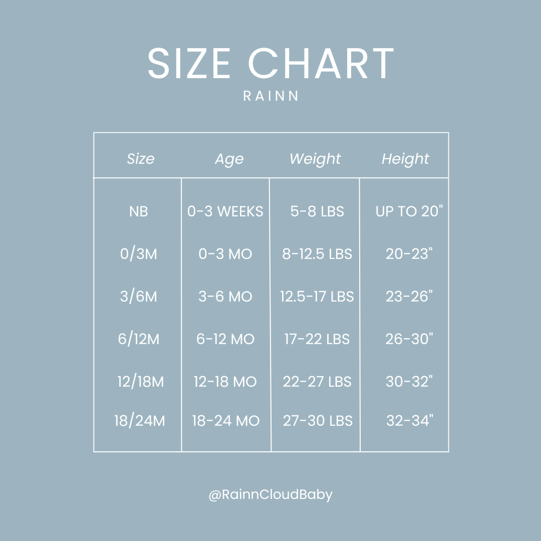 Size chart for Rainn baby clothing with age, weight, and height specifications for various sizes.
