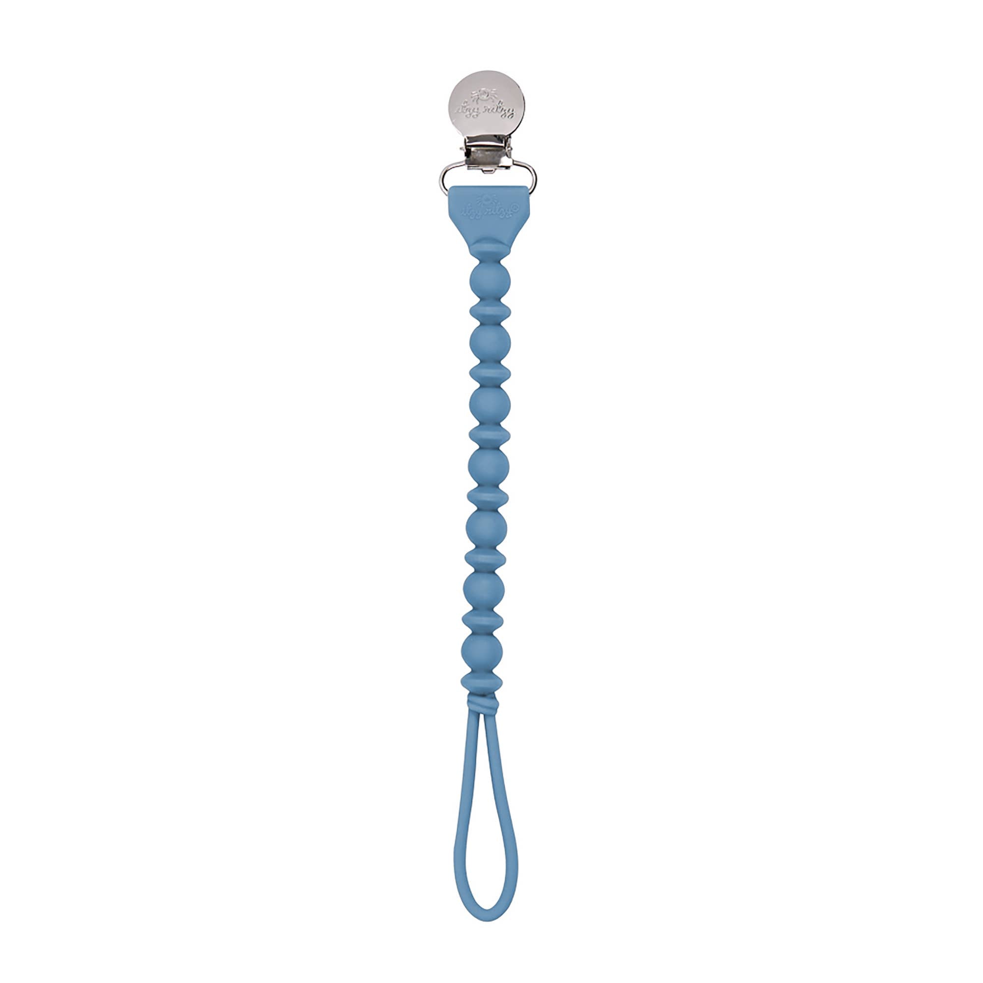 Sweetie Strap™ blue silicone pacifier clip with braided design, perfect for keeping pacifiers secure and stylish.