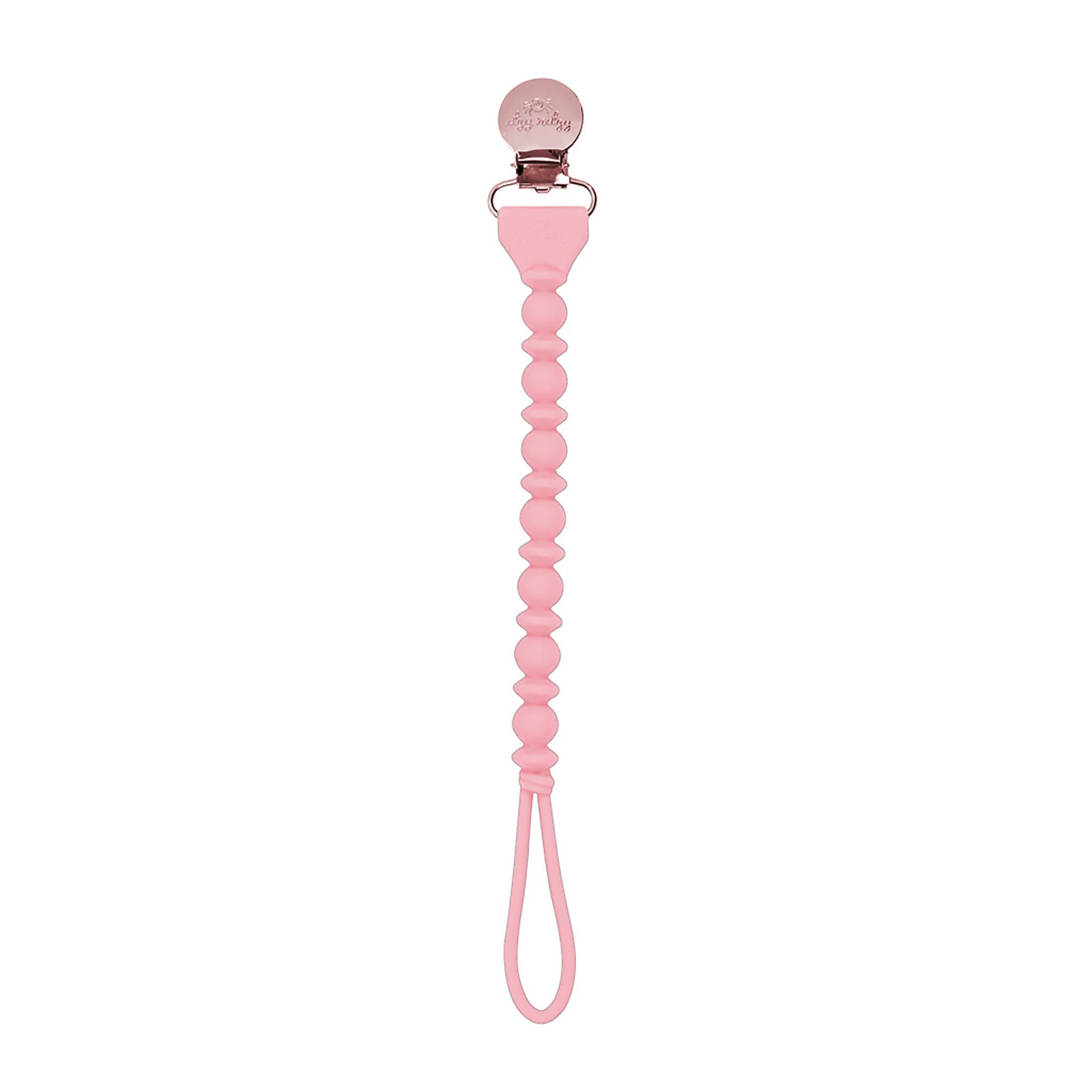 Sweetie Strap™ pink silicone pacifier clip with stylish beaded design, perfect for keeping pacifiers secure.