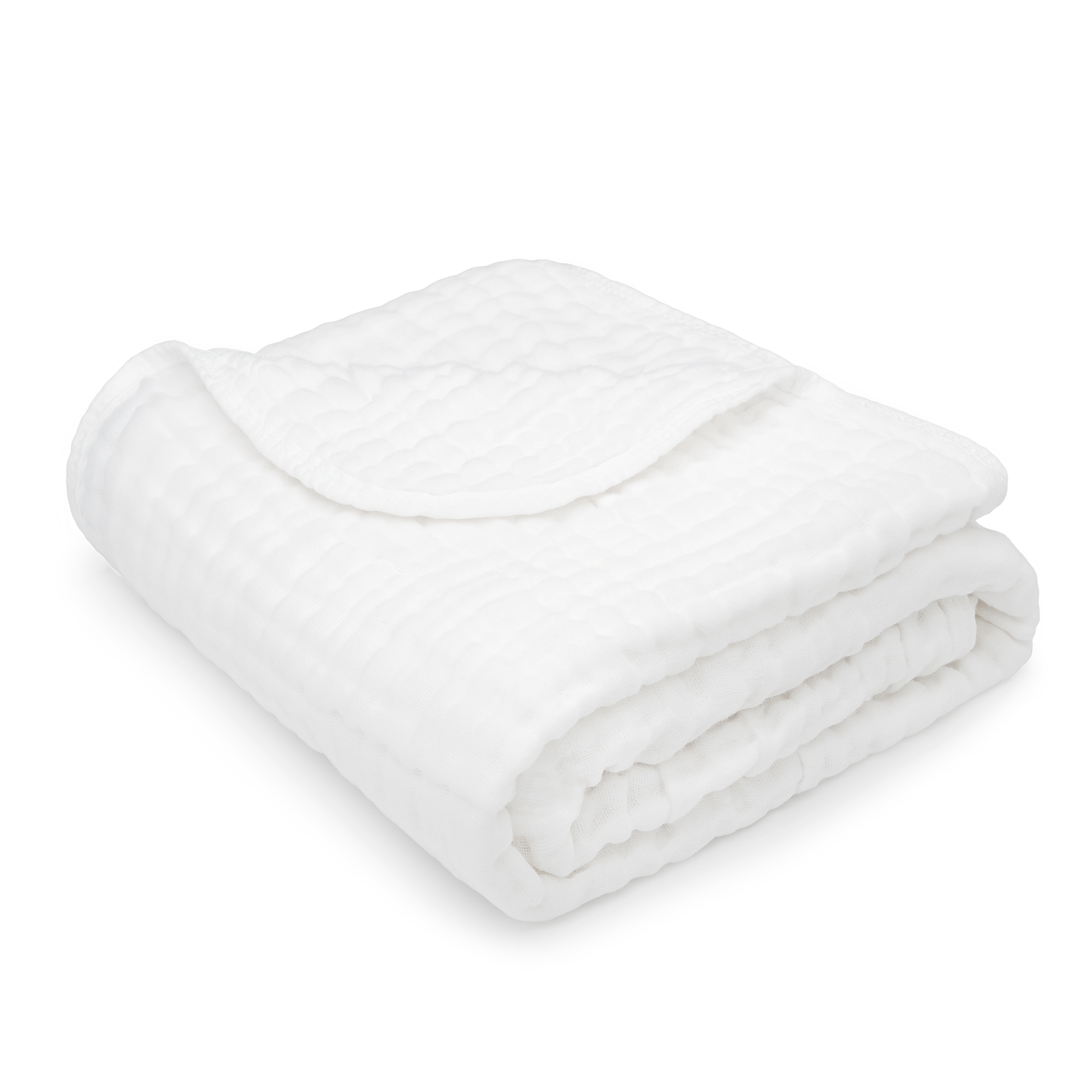 Soft and cozy white baby muslin cotton blanket, perfect for snuggling and improving sleep quality.