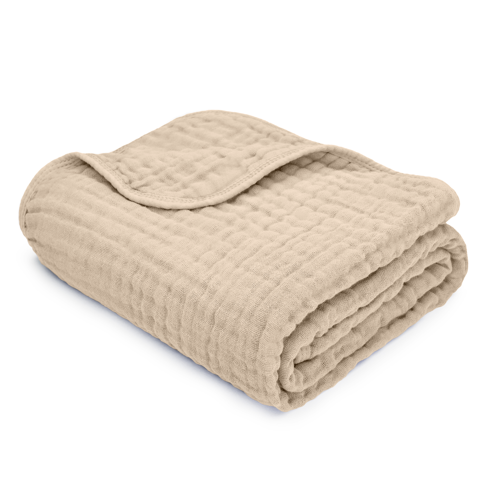 Cozy beige muslin cotton blanket by Comfy Cubs, perfect for snuggling and enhancing baby's sleep quality.