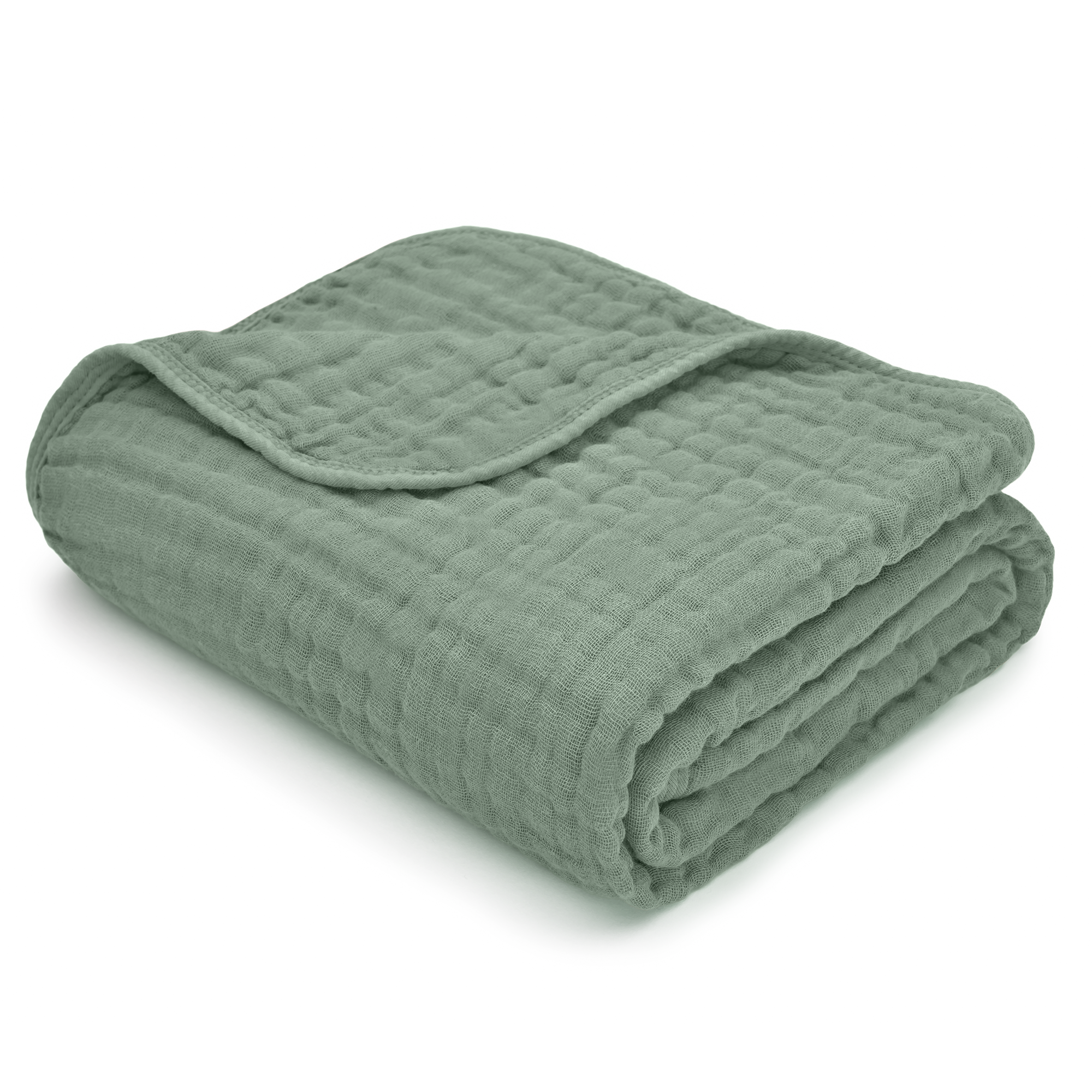 Folded muslin cotton baby blanket by Comfy-Cubs in soft green color, perfect for gentle comfort and breathability.