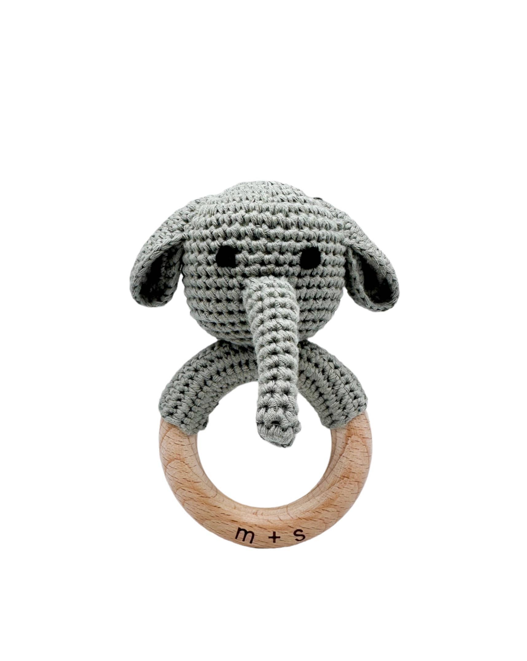 Gray elephant handmade crochet teether with wooden ring, perfect sensory toy for babies and toddlers.