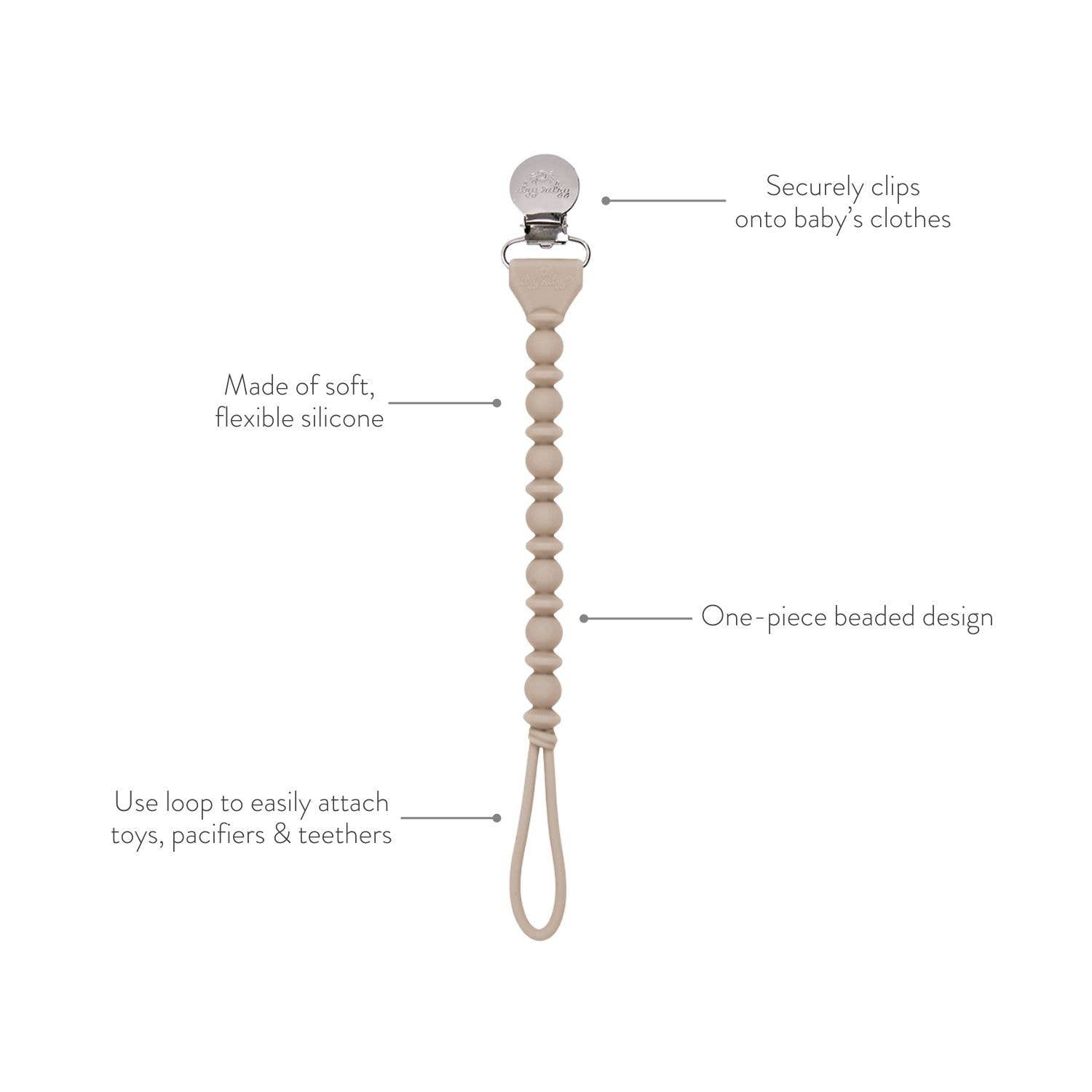 Sweetie Strap™ silicone pacifier clip, featuring a beaded design and secure clothing clasp for baby essentials.