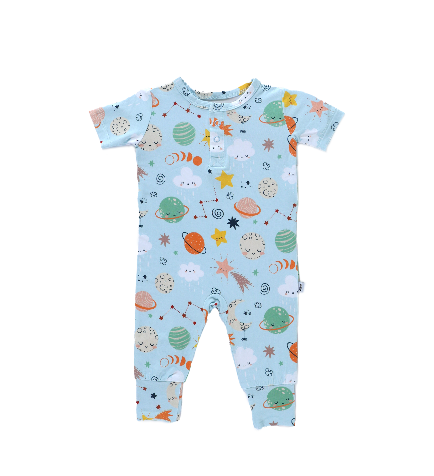 Bamboo Pull Up Romper with space-themed print for babies, made from breathable bamboo fabric, hypoallergenic and temperature regulating.