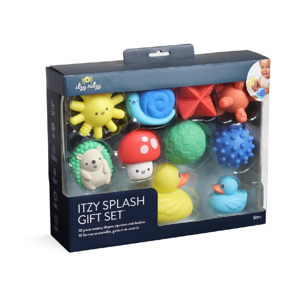 Itzy Splash Gift Set™ featuring 10 colorful soft bath toys for fun water play and motor skill development.