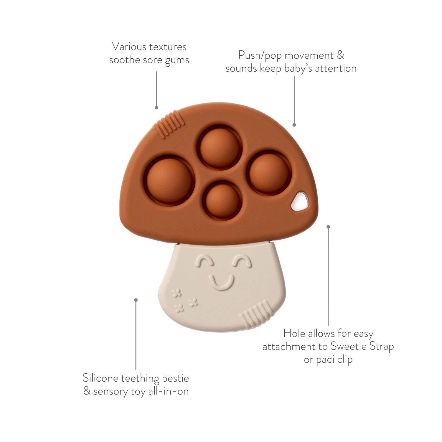 Itzy Ritzy Itzy Pop Mushroom Teether - Eco-friendly sensory toy with pop sounds for babies, shaped like a mushroom, soothing teething aid.