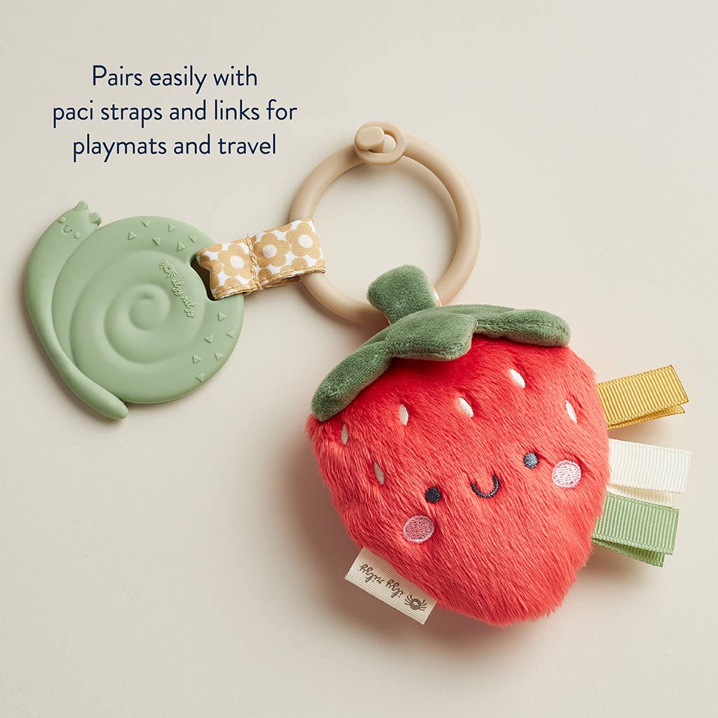 Itzy Ritzy Itzy Pal Strawberry Plush and Teether, eco-friendly baby toy with food-grade silicone teether, ideal for soothing and play.