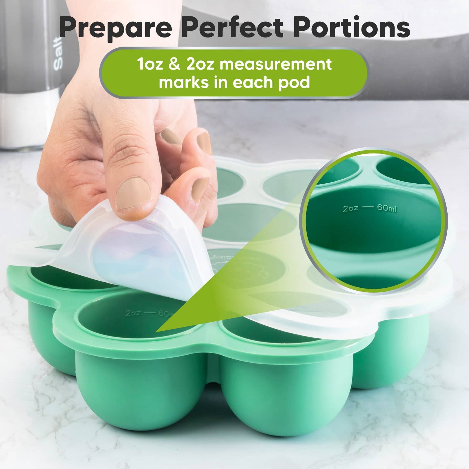 Silicone Baby Food Freezer Tray showing measurement marks for 1oz and 2oz portions, ideal for meal prep.