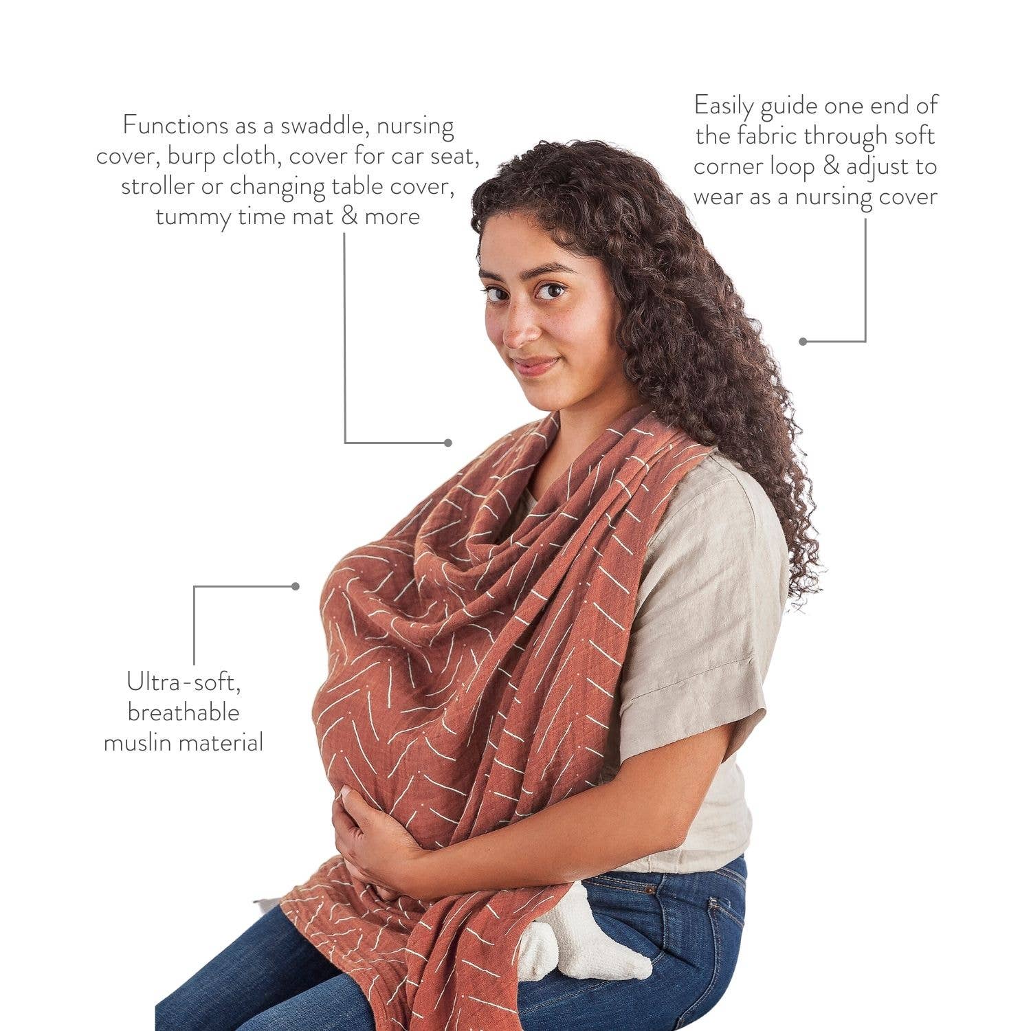 Itzy Ritzy Breastfeeding Boss™ in use, showcasing its versatility as a nursing cover, swaddle, and more in soft muslin.