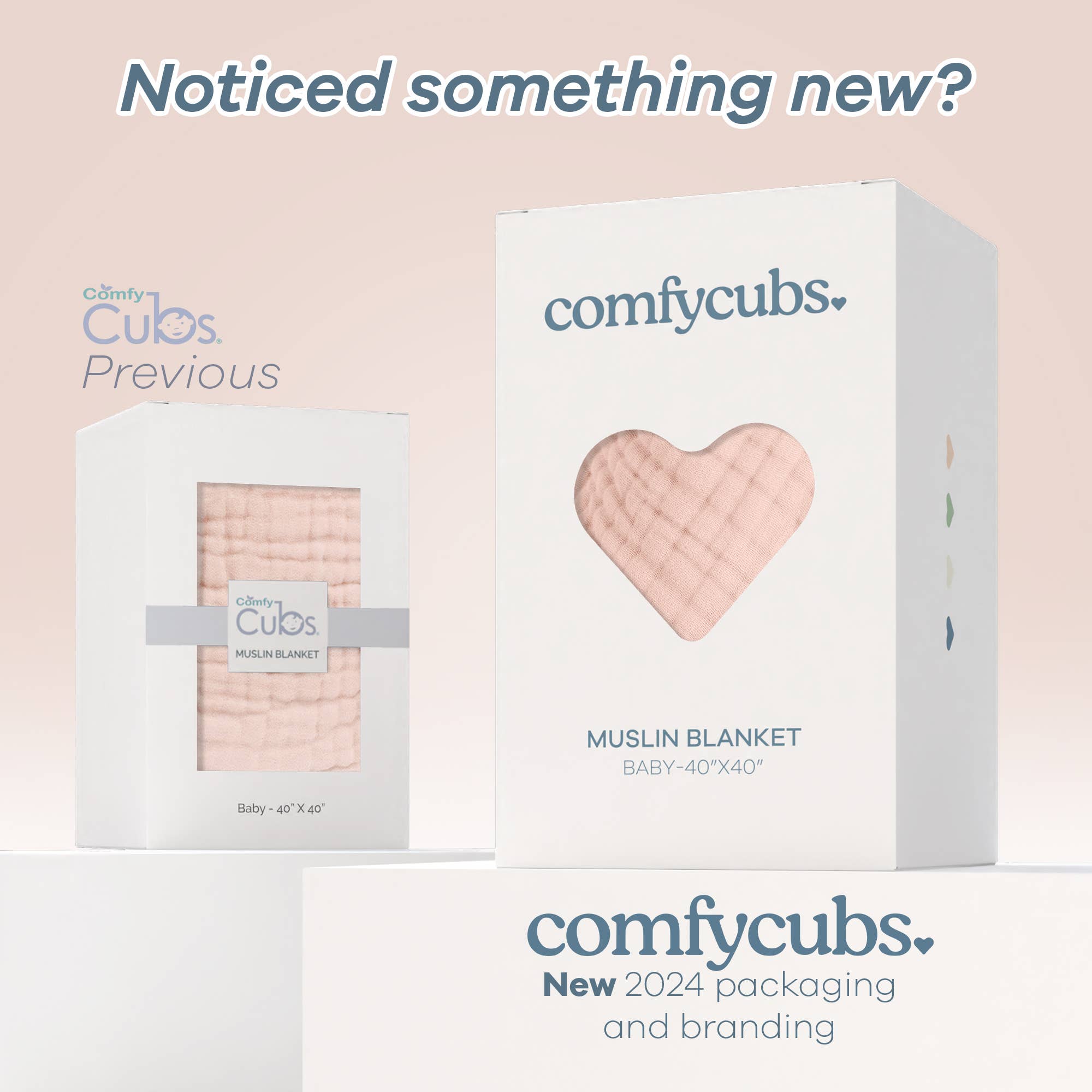 Comfy Cubs 2024 muslin blanket packaging comparison showing previous and new designs in soft pink colors.