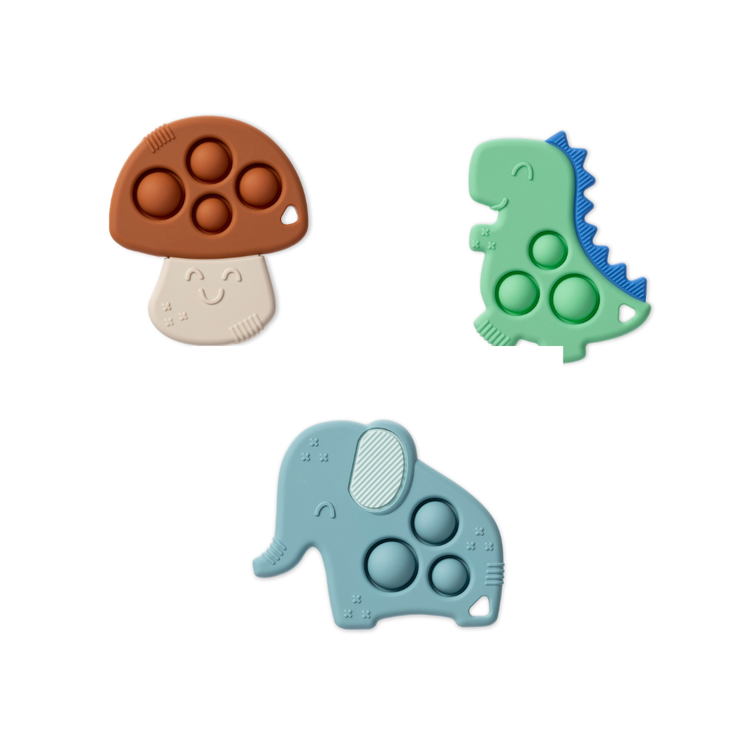 Itzy Ritzy Itzy Pop™ Mushroom, Dinosaur, and Elephant Teething Toys for sensory play, eco-friendly design, and gum soothing fun.