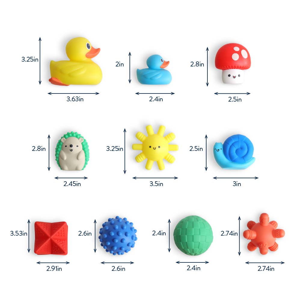 Colorful bath toys from the Itzy Splash Gift Set™ including a duck, snail, and mushroom for fun bath time adventures.