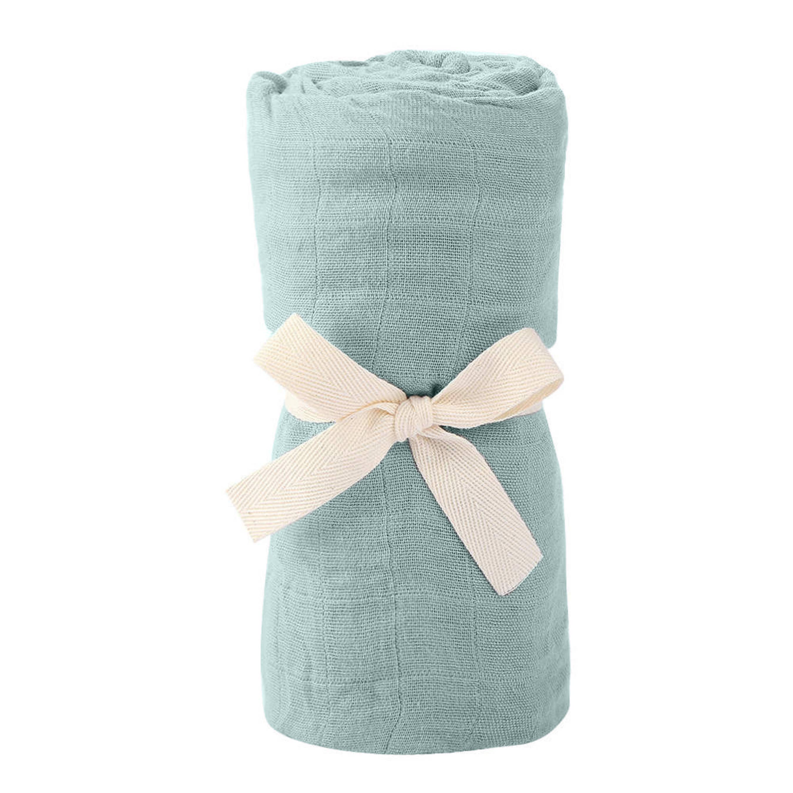 Bamboo Muslin Baby Swaddle in Sage with White Ribbon, Giften Market's Eco-Friendly, Ultra-Soft Newborn Gift, Rolled and Tied Neatly.