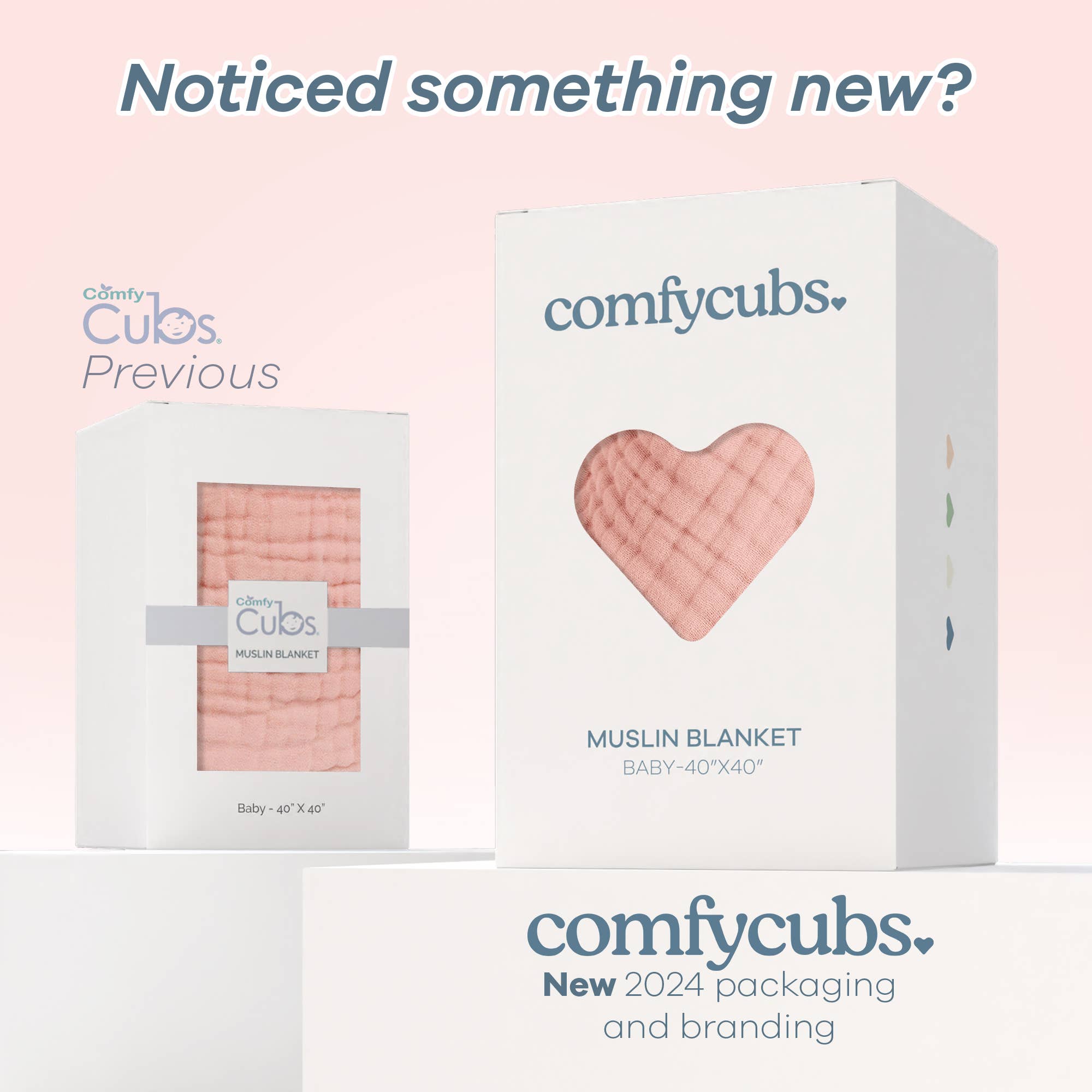 Comfy Cubs Muslin Baby Blanket 2024 packaging comparison with new branding.