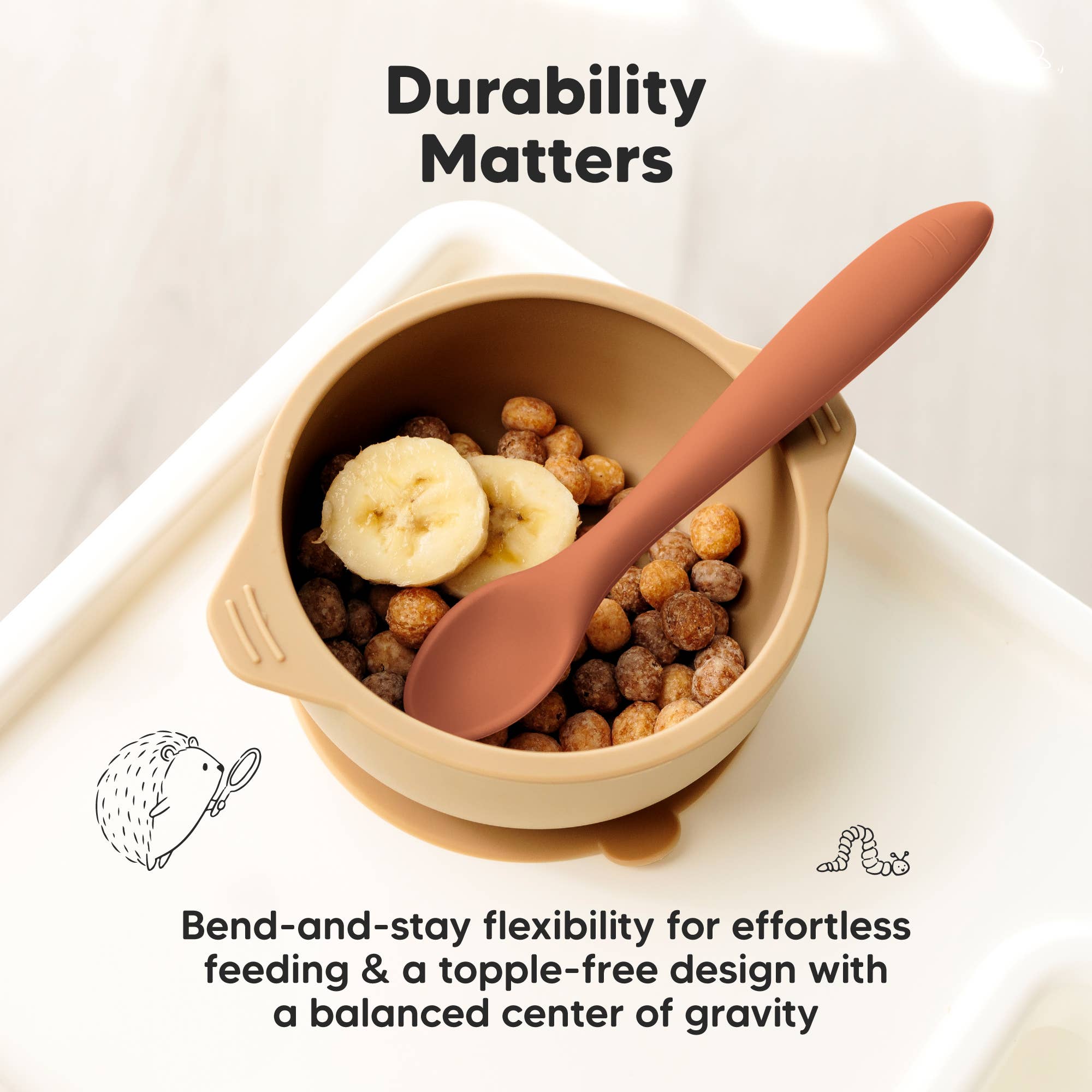 Silicone Baby Spoons for toddlers, bowl with banana and cereal