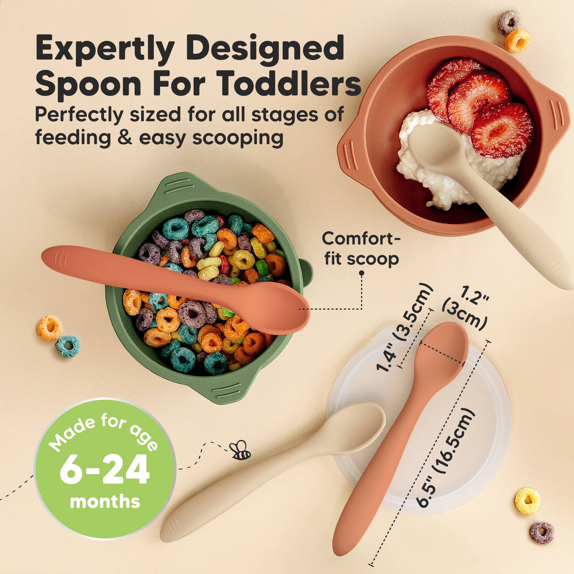 Silicone Baby Spoons for toddlers with ergonomic design for easy scooping, suitable for ages 6-24 months.