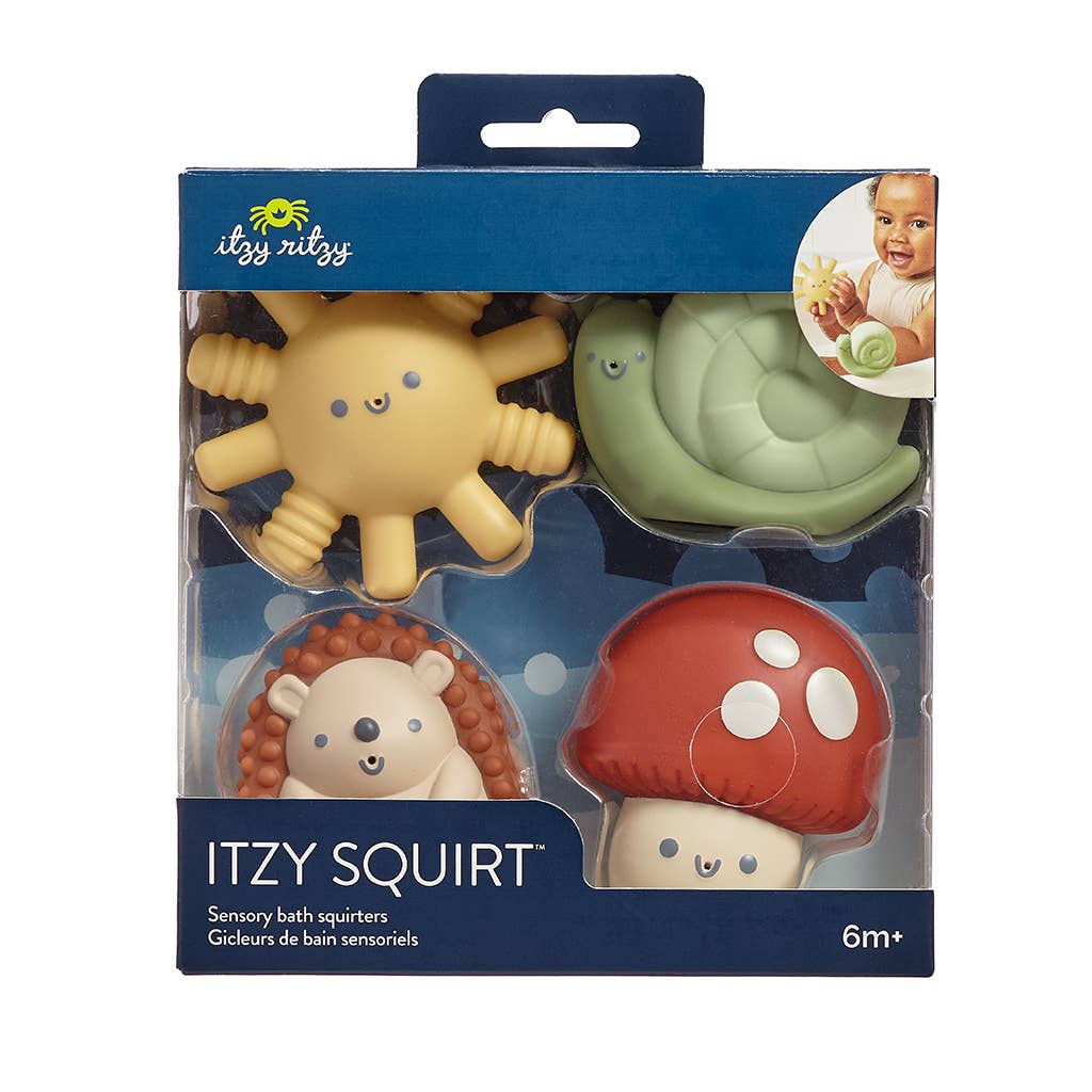 Itzy Squirt™ 4-pack of soft bath toys, perfect for motor skill development and fun bath time adventures!