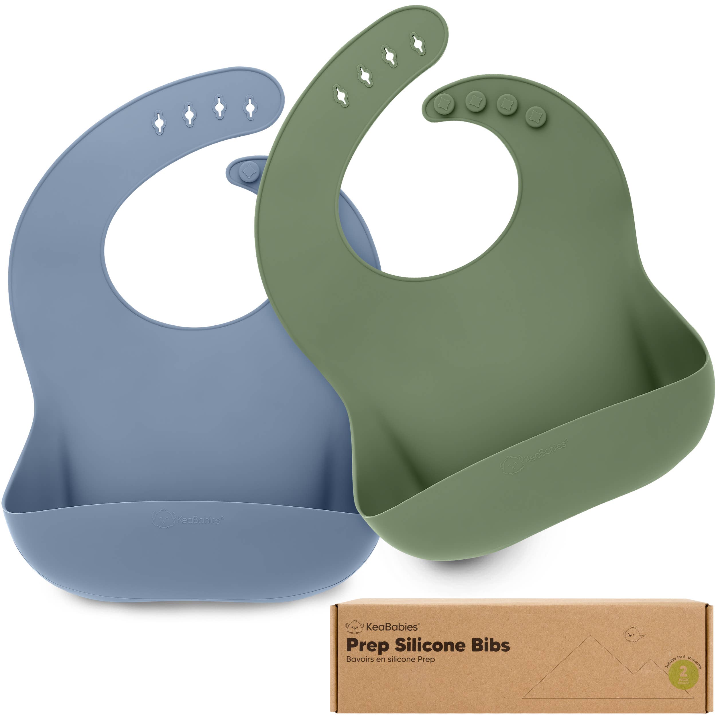 Two KeaBabies Prep Silicone Bibs in gray and green with packaging box