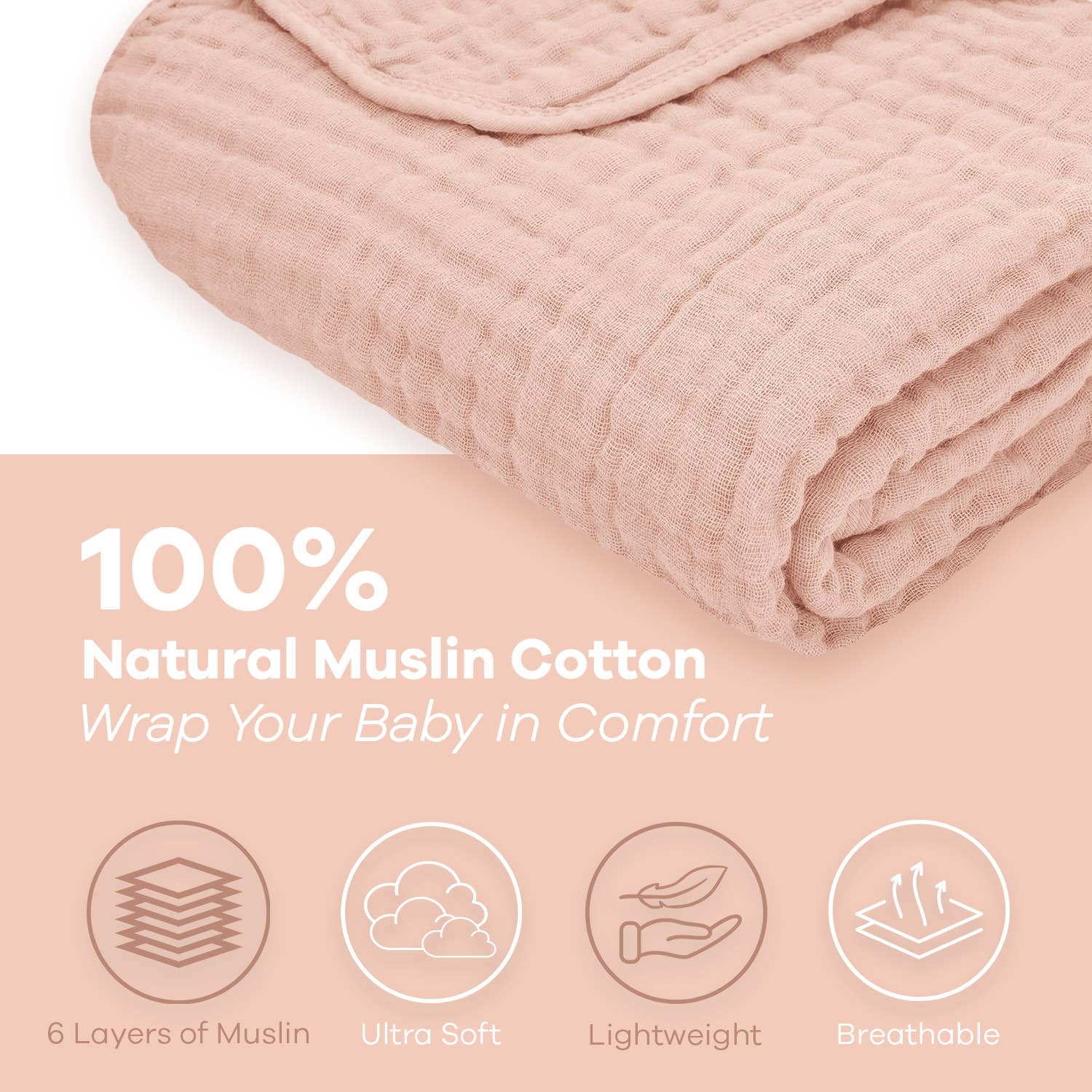 Comfy Cubs Muslin Cotton Baby Blanket in soft pink, showcasing ultra-soft, breathable, and lightweight features with 6 layers.