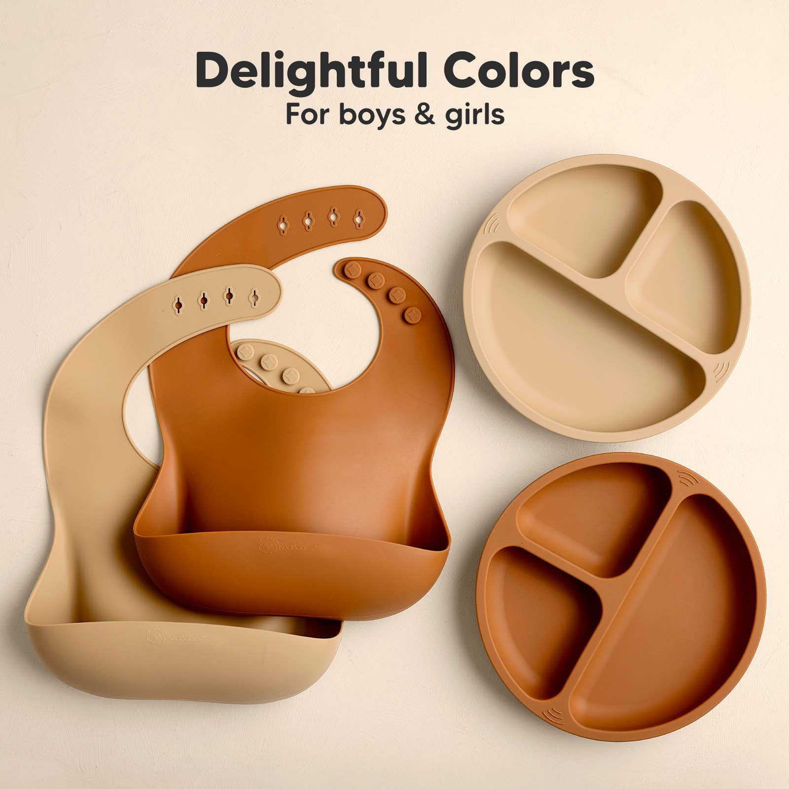 Silicone Bibs for Babies and Toddlers | 2-Pack by KeaBabies in earth tones with divided silicone plates for boys and girls.