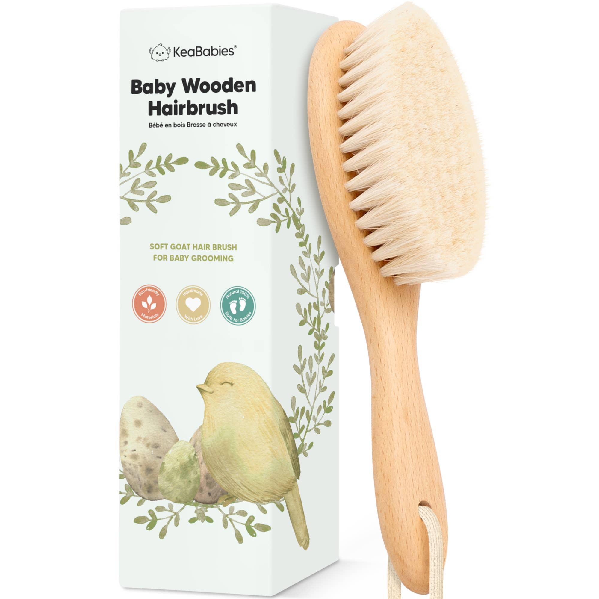 KeaBabies Baby Hair Brush with soft goat bristles for gentle baby grooming and bonding moments.