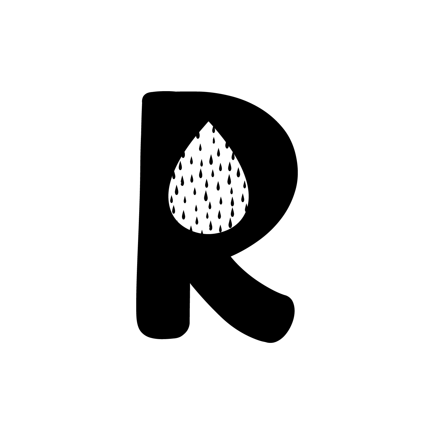 Stylish black letter 'R' with raindrop design, perfect for creative branding and playful design projects.