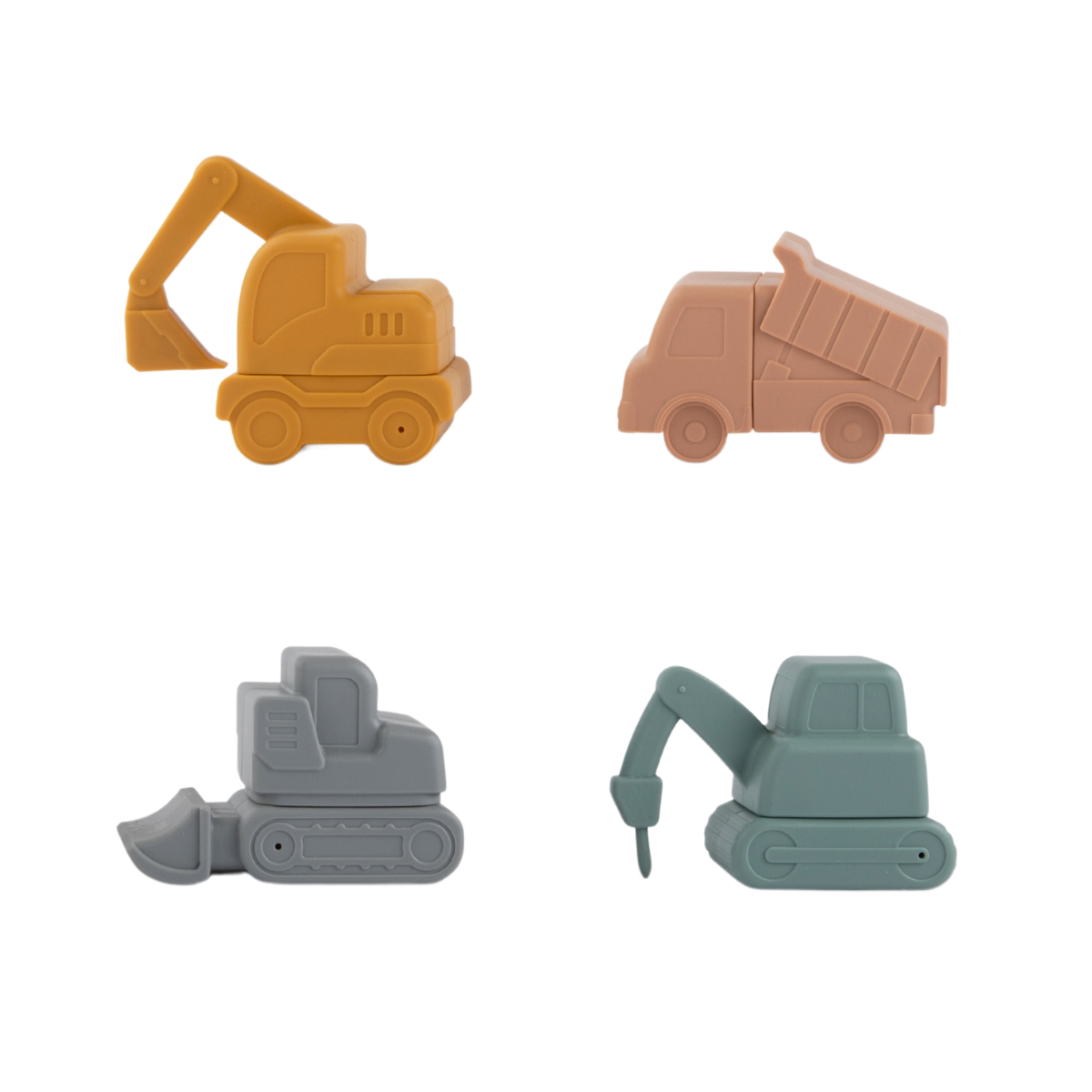 Colorful silicone bath toys featuring a dump truck and excavators by Bug + Bean Kids. Eco-friendly fun for water play and imagination!