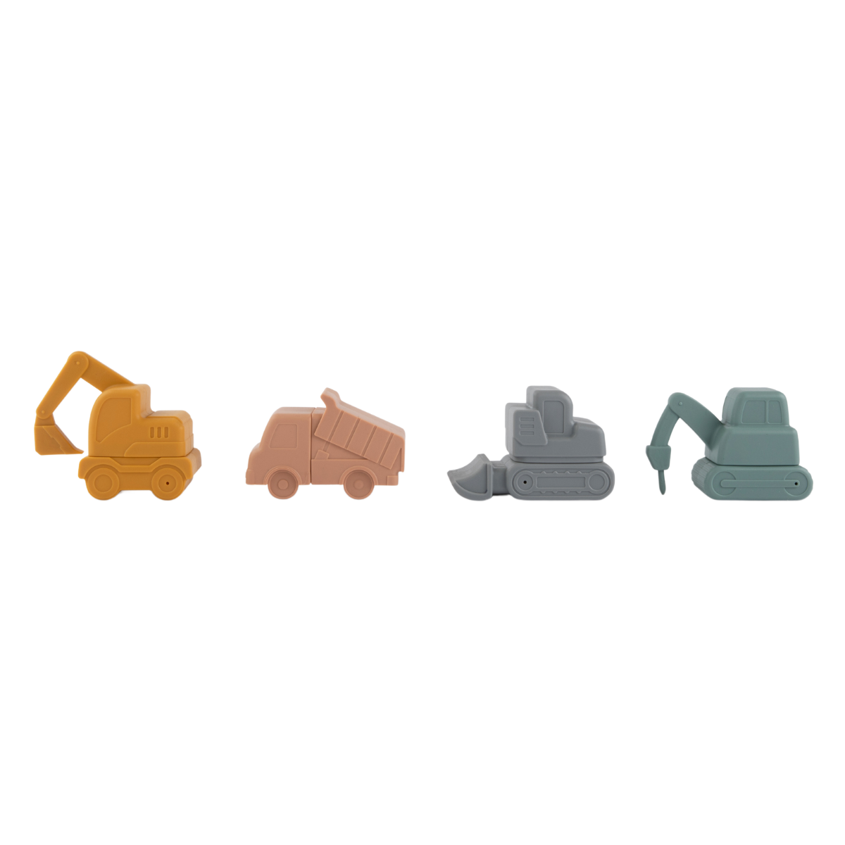 Colorful Bug + Bean silicone bath toys: excavator, dump truck, bulldozer, and auger excavator set for imaginative water play.
