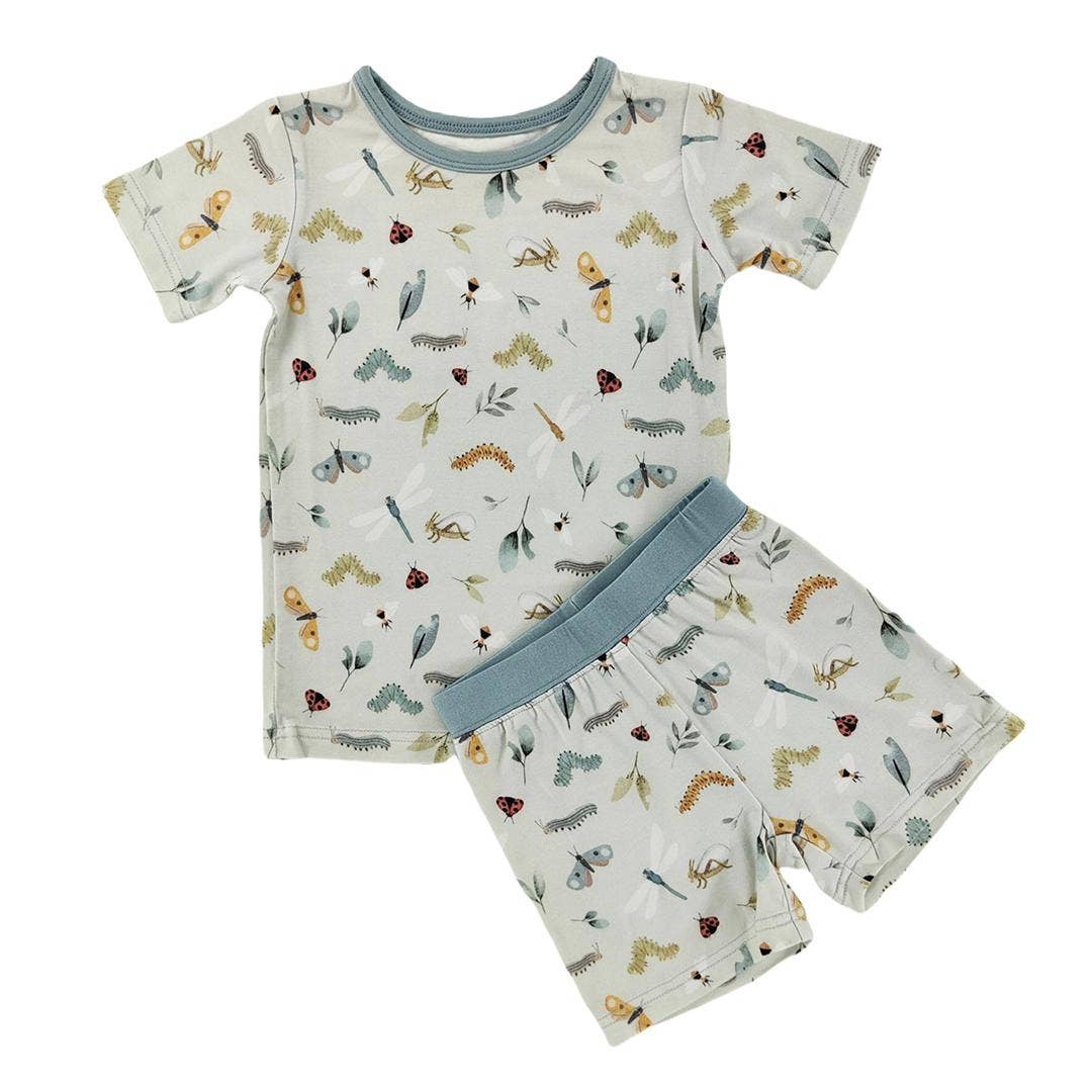 Little One Shop Bug Buddies Bamboo Shorts Set for 12-18 months, featuring a cute insect print on a soft bamboo fabric blend.