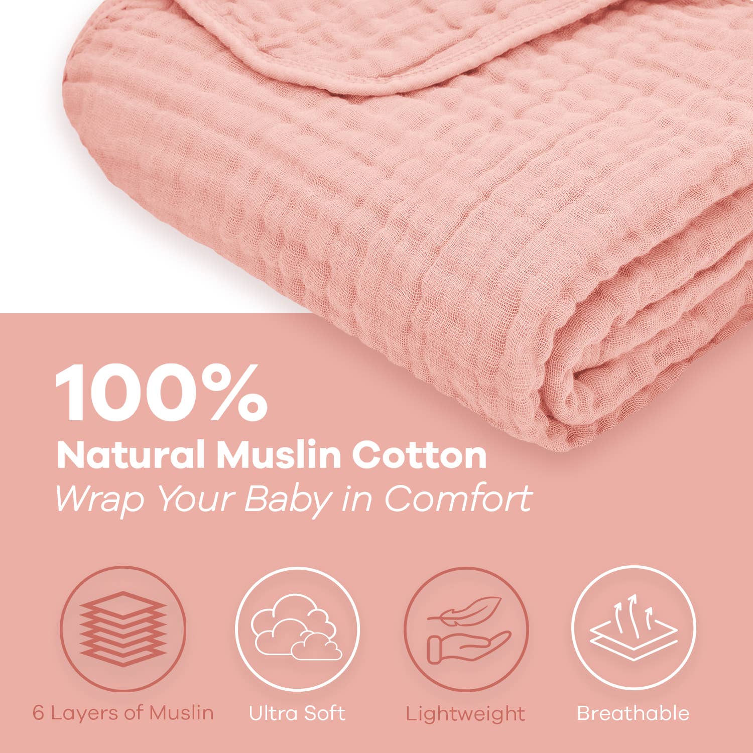 Close-up of a soft pink 100% muslin cotton baby blanket, highlighting its comfort and breathability.