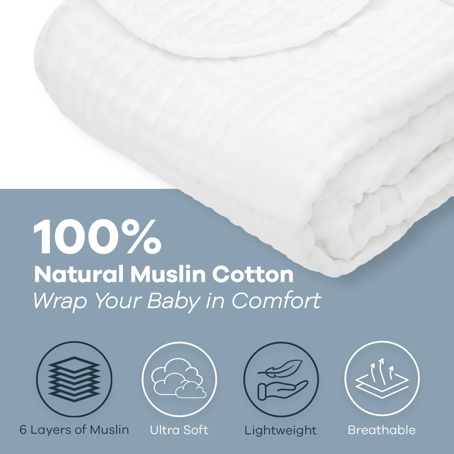 100% natural muslin cotton baby blanket, ultra-soft, breathable, lightweight, perfect for wrapping your little one in comfort.