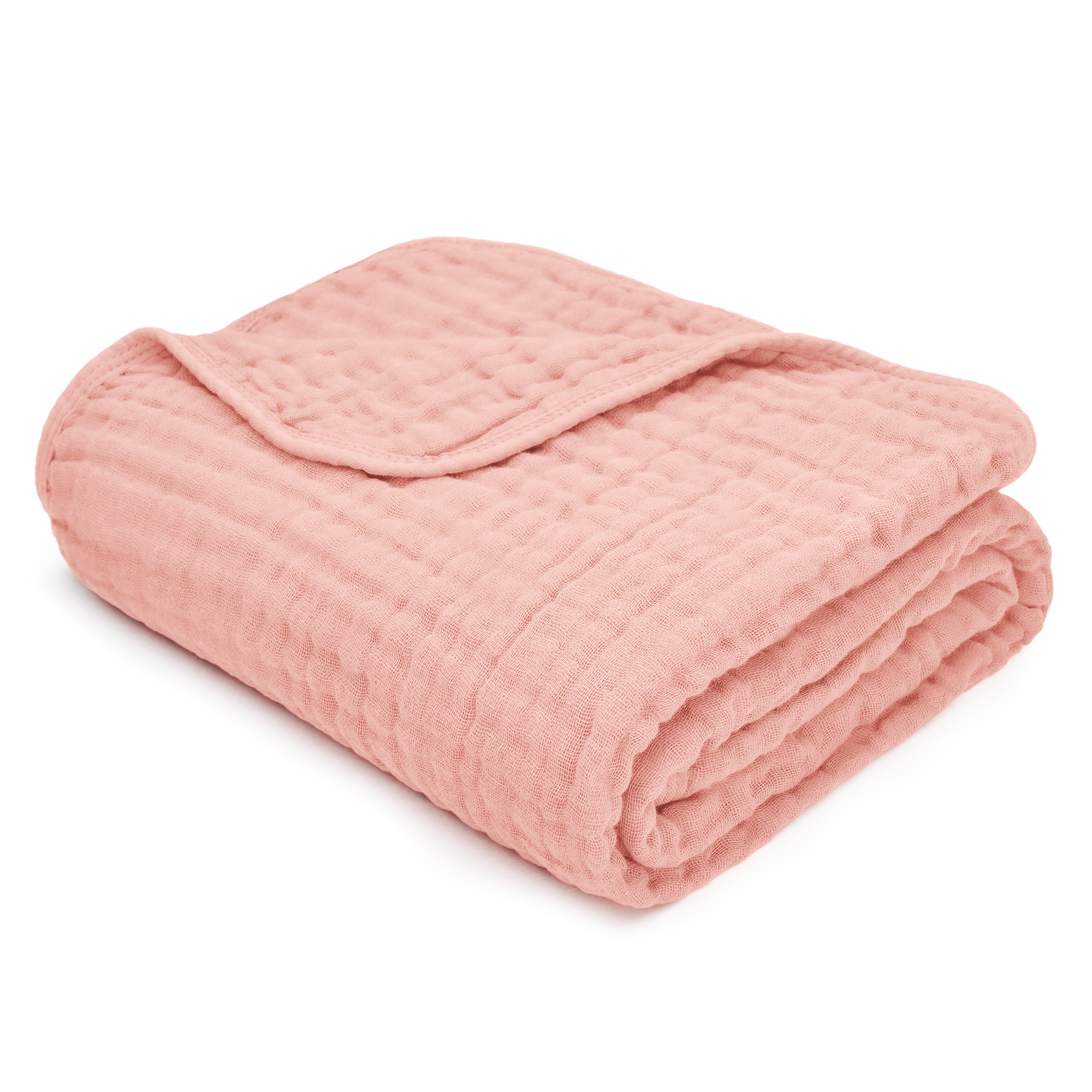 Muslin cotton baby blanket by Comfy-Cubs in soft pink, rolled up for gentle comfort and breathability.