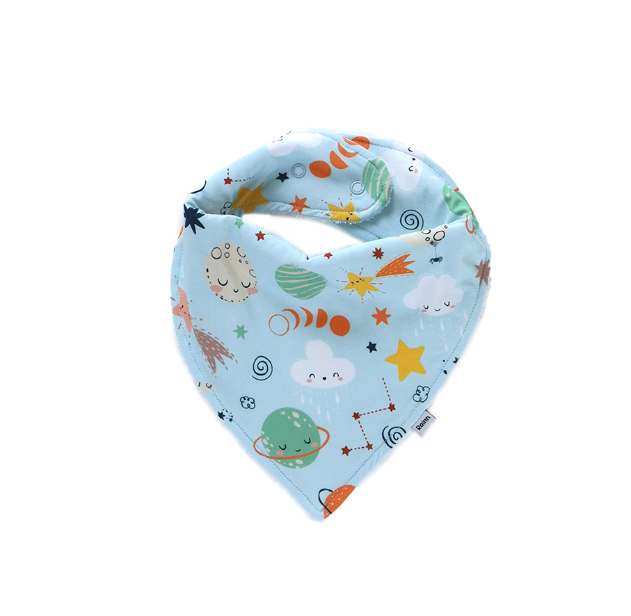 Cosmic bandana dribble bib by Rainn, featuring playful planet and star designs, perfect for drooly babies.