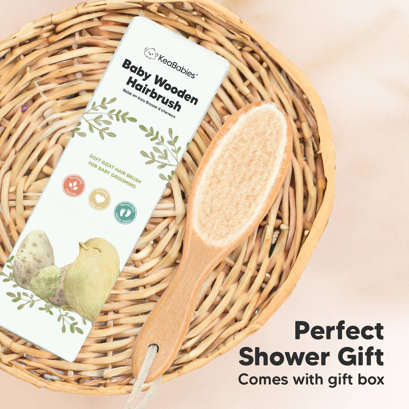 KeaBabies baby wooden hairbrush in gift box, perfect for gentle baby grooming, soft goat bristles for comfort.