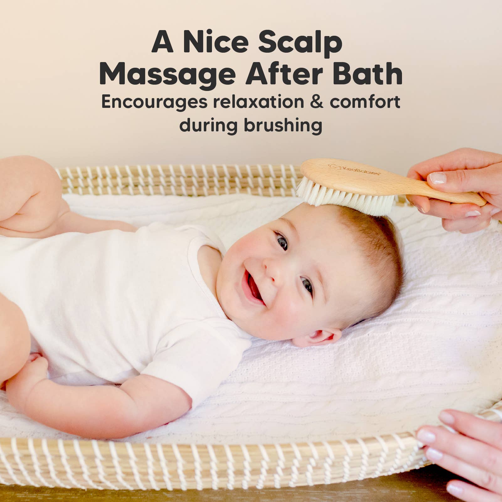 A happy baby enjoying a soothing scalp massage with KeaBabies Hair Brush after bath time for comfort and relaxation.