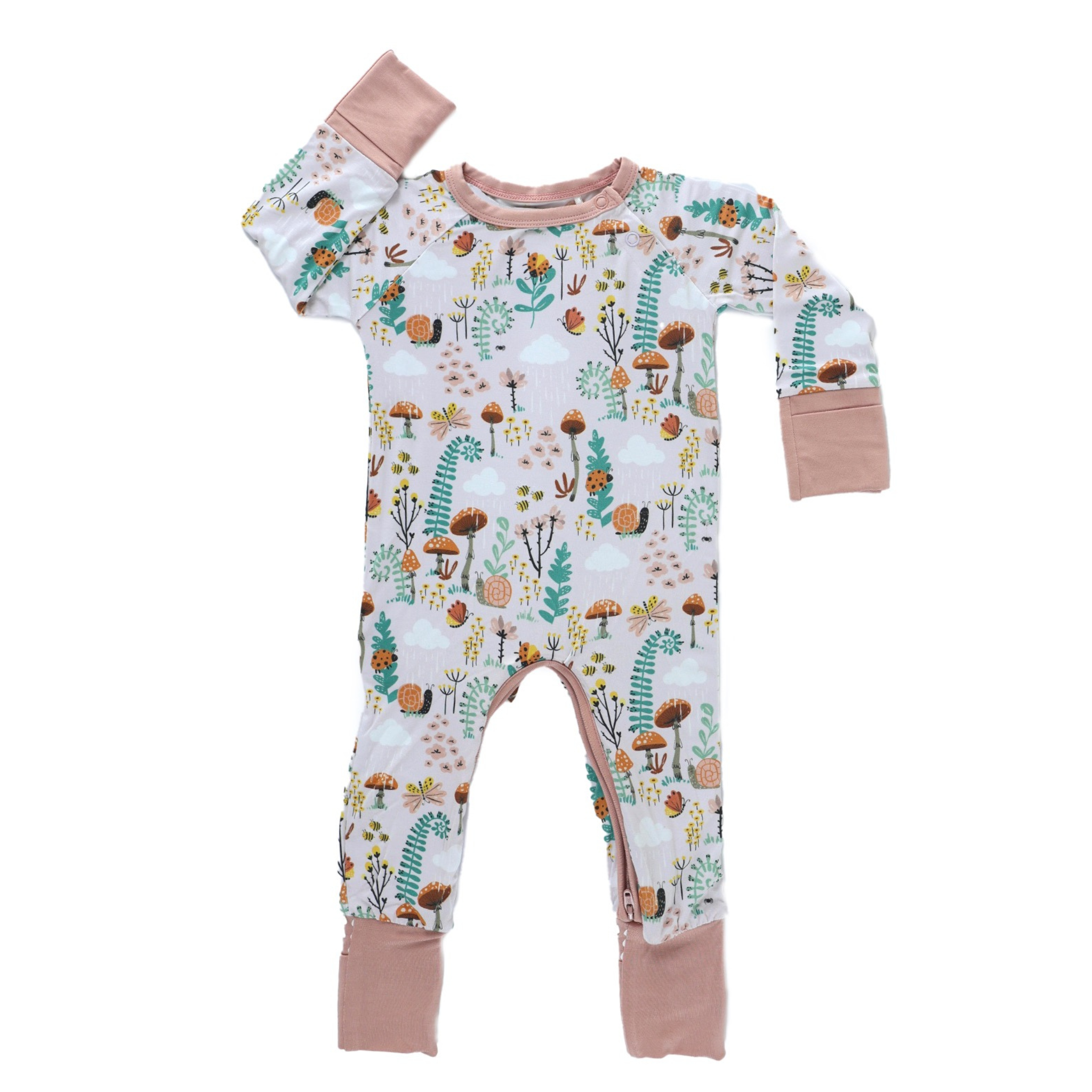 Bamboo crescent zipp jammies in fern pattern, hypoallergenic and breathable material for baby comfort.