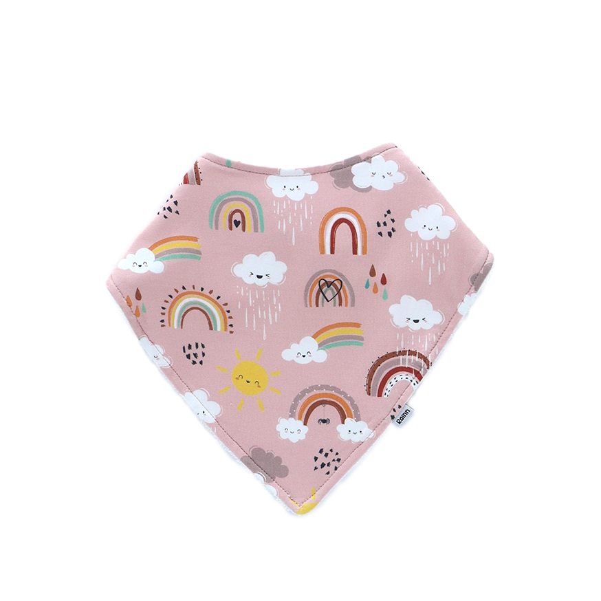 Soft bamboo bandana dribble bib by Rainnbow with colorful rainbows and clouds, perfect for stylish drooly babies.